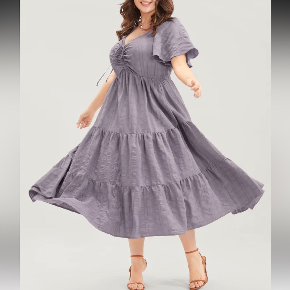 Plain Ruched Drawstring Pocket Ruffle Tiered Dress - Picture 7 of 7